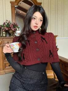 DAZY Áo choàng len cổ lọ họa tiết hoa kẻ caro đỏ trang trí phong cách Giáng sinh thu/đông cho nữ - Đỏ - Xem 7