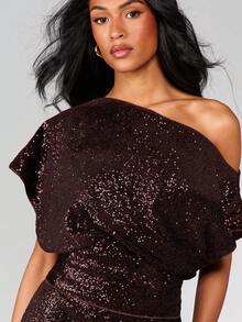 MISSGUIDED 亮片露肩单肩不对称上衣，适合假日派对晚宴，闪亮上衣 - 咖啡棕 - 查看 5