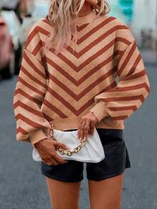SHEIN LUNE Sweater Kasual Wanita Motif Garis-Garis Blok Warna, Musim Gugur/Dingin - Rust Brown - View 6