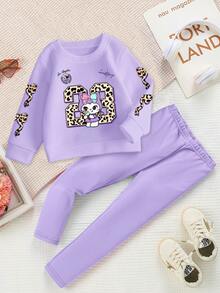 SHEIN Cozy Fall & Winter Styles 2pcs Baby Girls Casual Fashion Creative Personalized Fresh Cute Cartoon Character Leopard Print Number Bow Ice Cream Pattern Letter Slogan Rabbit Animal Cartoon Bow Number 23 Ice Cream Print Casual Basic Purple Crew Neck Sweatshirt And Purple Leggings Set, Comfortable Outfit For Baby Girls In Autumn/Winter Babygirl Outfits Pants Violet Lilac Blue Toddler Outfit Toddler Girl Purple Sets Lavender Outfit Toddler - Multicolor - View 2