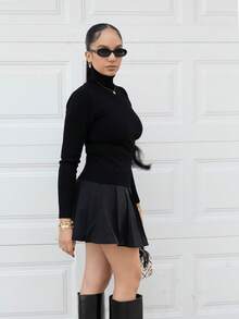 Melissa Matos High Neck Thermal Lined Slim Fit Long Sleeve Sweater, Warm Thermal Innerwear For Autumn/Winter Knit Pullover Fall Outfit - Black - View 4