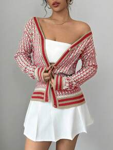 Xyvia Áo khoác cardigan dệt kim đơn hàng ngày, tay dài, họa tiết kẻ caro, dành cho nữ, mùa thu/đông - Đỏ - Xem 6