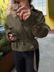 Jeta Ari 秋冬女式插肩袖纽扣式束带风衣 - 橄欖綠 - 查看 3