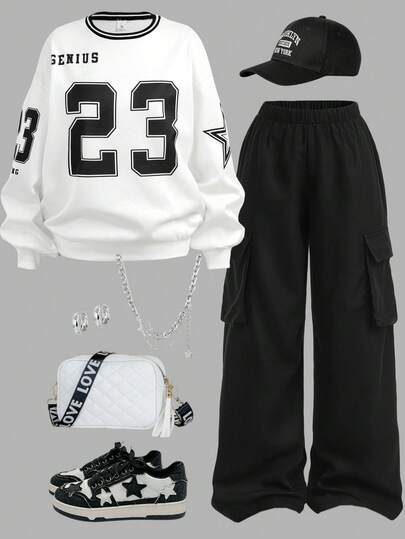 SHEIN Conjunto de sudadera con capucha y sudadera casual con estampado numérico para adolescentes, adecuado para la escuela y deportes