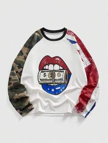 ROMWE MEN Street Life 男士唇印迷彩拼接圆领插肩长袖T恤 - 白色 - 查看 1