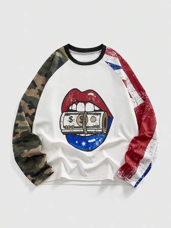 Street Life T-shirt à manches longues col rond homme avec imprimé camouflage et patchwork sur les lèvres
