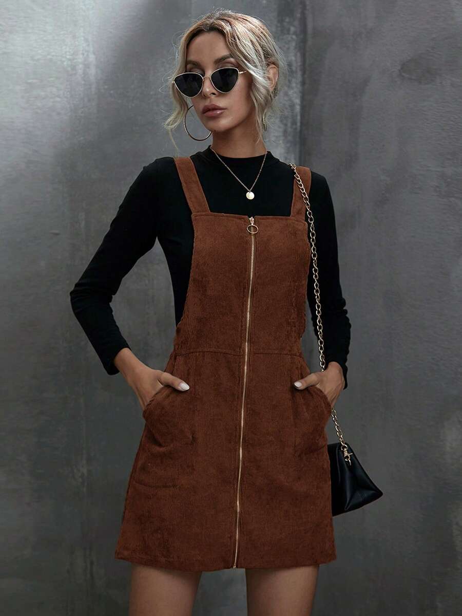 SHEIN LUNE Women's Solid Color Zipper Collar Pocket Casual Strap Dress, Autumn - Brown - View 1
