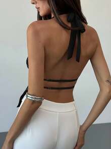 Aloruh Young Lady's Halter Neck Backless Sequin Patchwork Deep Purple-Red Women's Tank Top - Black - View 3