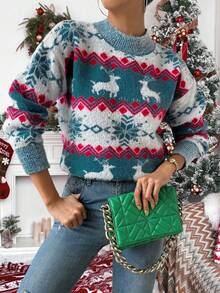 SHEIN LUNE Women's Casual Christmas Reindeer & Snowflake Patchwork Pattern Dropped Shoulder Loose Pullover Sweater, Autumn/Winter - Blue Power - View 4