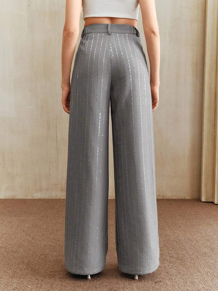Women's Elegant High-End Gray Fashion Chic Design Luxury Gold Striped Wide-Leg Pants, Suitable For Formal, Party, Work, Graduation, Wedding, Red Carpet