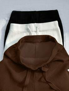 SHEIN PETITE 新款秋冬保暖宽松针织抽绳休闲毛衣裤套装（女款） - 棕色 - 查看 7
