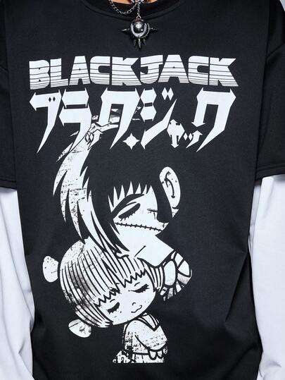 Black Jack X ROMWE T-shirt à manches longues 2 en 1 pour hommes, style décontracté avec lettres et graphiques de dessins animés en couleurs contrastées, automne