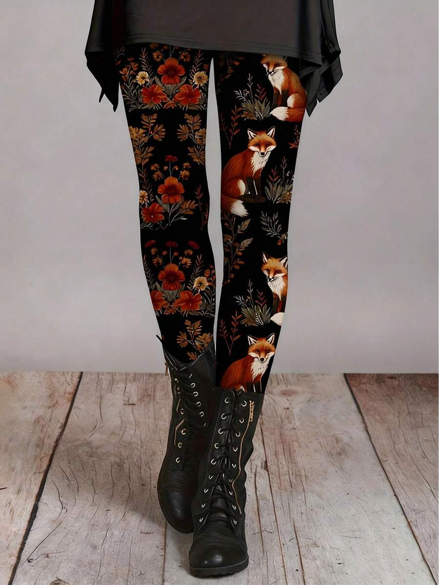 EMERY ROSE Women's Stretchy Skinny Leggings With Charming Fox & Floral Print - Comfortable Polyester Blend, Elastic Waistband, All-Season Wear - Multicolor - View 1
