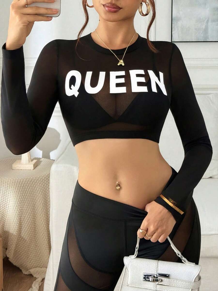 SHEIN Sports Women's Casual Slogan Mesh Round Neck Long Sleeve Sheer Workout Top,Black And White,Summer,Sexsy,Gym Adult Sports T-Shirt Set For Daily Wear - Black - View 1