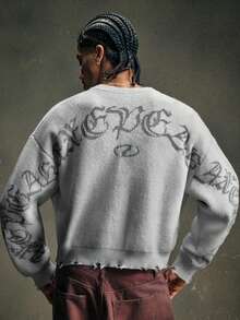 AXEPEAK Vintage Distressed Crew Neck Pullover Sweater For Men - Light Grey - View 3