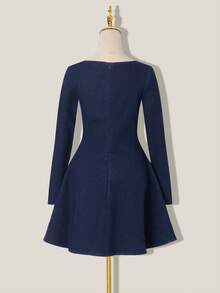 SHEIN MOD 女士休闲收腰牛仔连衣裙，带保暖内衬，冬季款 - 深色水洗藍 - 查看 2