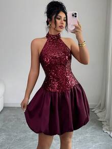 Elenzga Women's Sequins Embellished Satin Lined High Neck Sleeveless Ruffle Hem Dress, Elegant Angola Red, Sophisticated, Vintage French Street Style, Versatile, Autumn/Winter, Suitable For Halloween, Christmas, Thanksgiving, Formal Parties, Cocktail Dresses - Burgundy - View 5