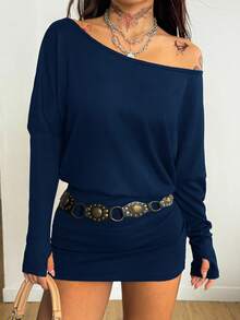 Coolane 1件女士纯色针织不对称肩长袖宽松休闲连衣裙 - 藏蓝色 - 查看 4