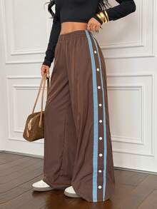 SHEIN PETITE 女士弹力腰侧条纹阔腿宽松休闲裤棕色裤子女士阔腿裤按扣裤运动裤棕色运动裤 - 棕色 - 查看 7