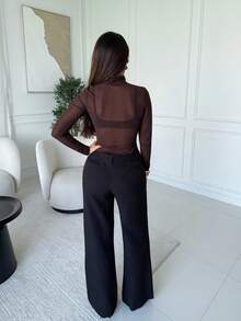 Milla Jasmine 斯德哥尔摩风格，女士教师装，秋季时尚，高领高领针织上衣，优雅秋冬衬衫，网眼长袖衬衫，商务休闲女士基本款上衣 - 棕色 - 查看 2