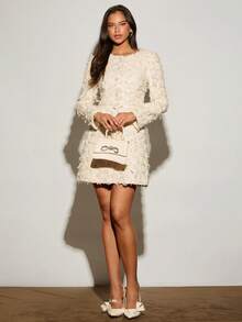 Enchnt Abito corto elegante da donna con collo rotondo, maniche lunghe, monopetto e design a frange in colore unito