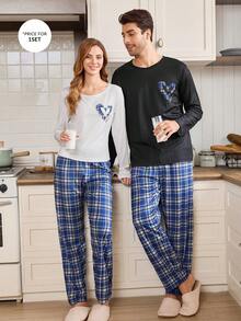 CoupledUp 心形格纹极简休闲长袖上衣和长裤男士睡衣套装，冬季服装 - 黑色 - 查看 6