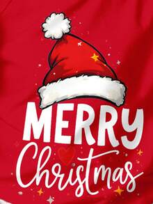 SHEIN 小女孩 Happikins 圣诞节，可爱圣诞帽和心形字母印花，家庭圣诞亲子装，休闲圣诞图案短袖T恤 - 紅色 - 查看 5