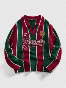 ROMWE MEN Prep 男士复古足球风翻领针织衫，街头潮流风格