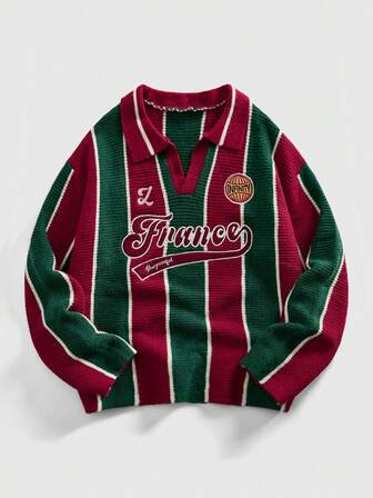 Prep Herren Retro Fußball inspirierter Pullover mit Kragen, Streetwear Stil