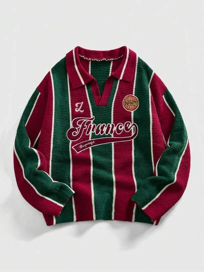 ROMWE MEN Prep Men's Retro Football Inspired Collared Knit Sweater, Streetwear Style
