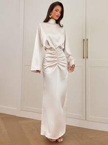 Aloruh Women's Glamorous Elegant High Collar, Padded Shoulder, Wide Shoulder, Waist Cinched, Ruched, Solid Color, Long Satin Dress,Women Dating Dress,Women Night Out Dress,Wedding Guest Dress Women ,Sun Dresses For Women ,Elegant Dresses For Party Birthday Dresses For Women,Id AI-Adha , AI-Adha Party - Apricot - View 7