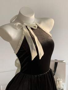 Comfortcana 女士撞色打结领优雅迷你连衣裙 - 黑色 - 查看 5