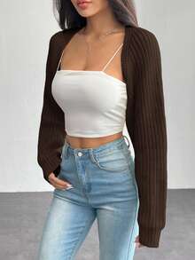 SHEIN PETITE Balletcore Ribbed Knit Raglan Sleeve Shrug Crop Cardigan Without Cami Top,Knitted Sweater In Fall/Winter - Coffee Brown - View 7