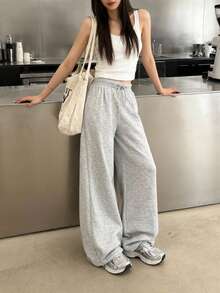 少女花卉灰色羊毛抽绳口袋休闲裤