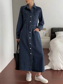 DAZY Simple Style Button Decor Lapel Long Sleeve Denim Dress
