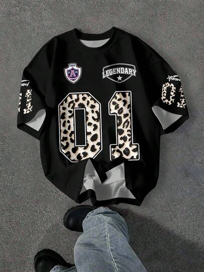 SHEIN EZwear Casual Minimalist Round Neck 01 Number & Letter Badge Print Racing Suit F1 Print Loose Fit Plus Size Women T-Shirt, Chic Street Style