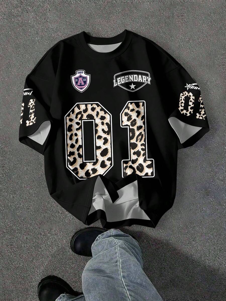 SHEIN EZwear Camiseta de manga corta con estampado de número 01 y letras, estilo de carreras F1, de corte holgado, cuello redondo, estilo minimalista casual, chic y de calle - Multicolor - Ver 1