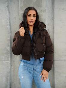 SAYEHFBABY 秋冬款拉链短款连帽羽绒服黑色 - 棕色 - 查看 1