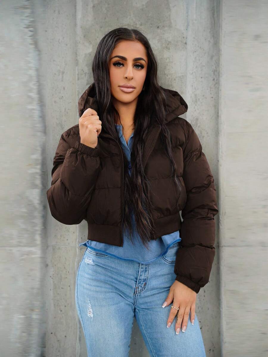 SAYEHFBABY 秋冬款拉链短款连帽羽绒服黑色 - 棕色 - 查看 1