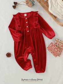 Cozy Pixies Ensemble de combinaison à manches longues avec volants au col rond pour bébé fille, polyvalent et confortable pour Noël et le Nouvel An - Rouge foncé - Voir 9