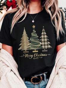 EMERY ROSE Christmas Tree Pattern Casual Minimalist Round Neck Short Sleeve Plus Size T-Shirt - Black - View 1