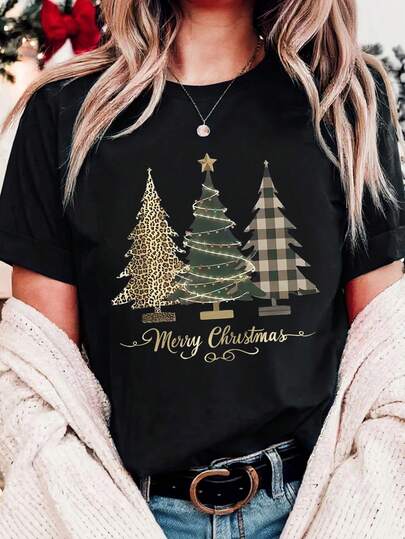 EMERY ROSE 圣诞树图案休闲简约圆领短袖加大码T恤