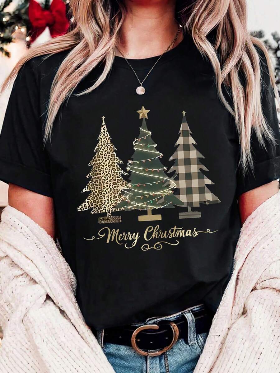 EMERY ROSE Christmas Tree Pattern Casual Minimalist Round Neck Short Sleeve Plus Size T-Shirt - Black - View 1