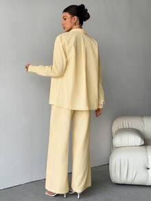 SHEIN Tall 女式新款西部牛仔马标志条纹刺绣宽松衬衫和裤子套装 - 黃色 - 查看 2