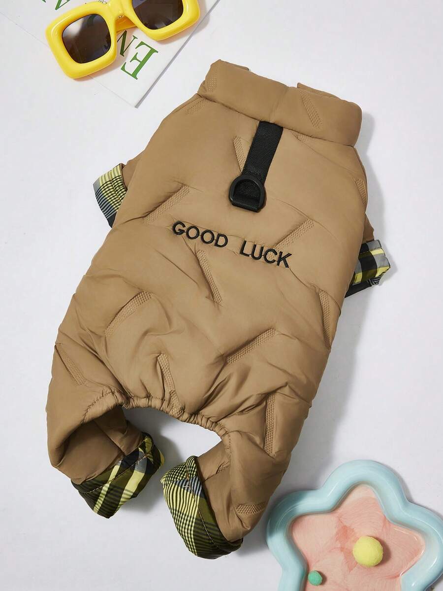 PETSIN 柔软加厚宠物连体衣 – 可爱的四脚抓绒睡衣，适合小型犬猫，秋冬季舒适玩耍和放松的服装 - 棕色 - 查看 1