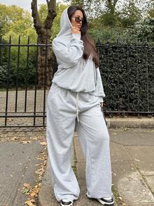 NegzBox Sweatshirt Lengan Panjang Berkerudung Longgar dengan Motif Cetak LA Sederhana Kasual untuk Wanita, Cocok untuk Musim Gugur dan Musim Dingin - Light Grey - View 4