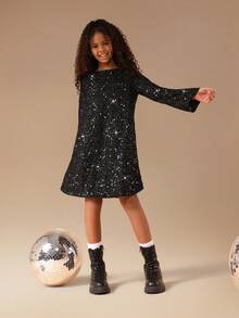 Đầm ngắn tay dài đính sequin SUMWON với chi tiết nơ phía sau, thích hợp cho các dịp đặc biệt, tiệc tùng, lễ hội, đi chơi hoặc du lịch. - màu đen - Xem 5