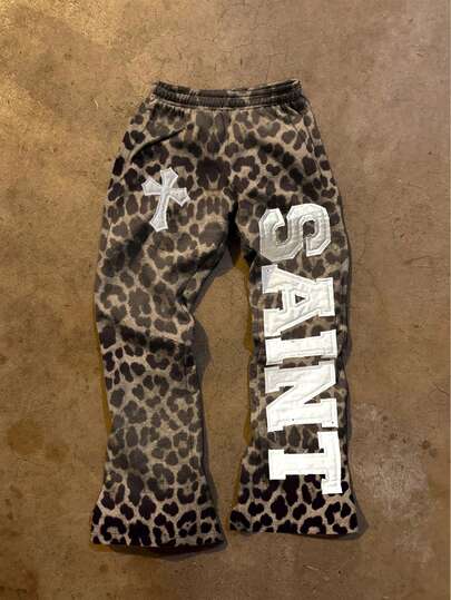 INAWLY Pantalon de survêtement ample pour homme, style streetwear décontracté, imprimé léopard, croix et lettres