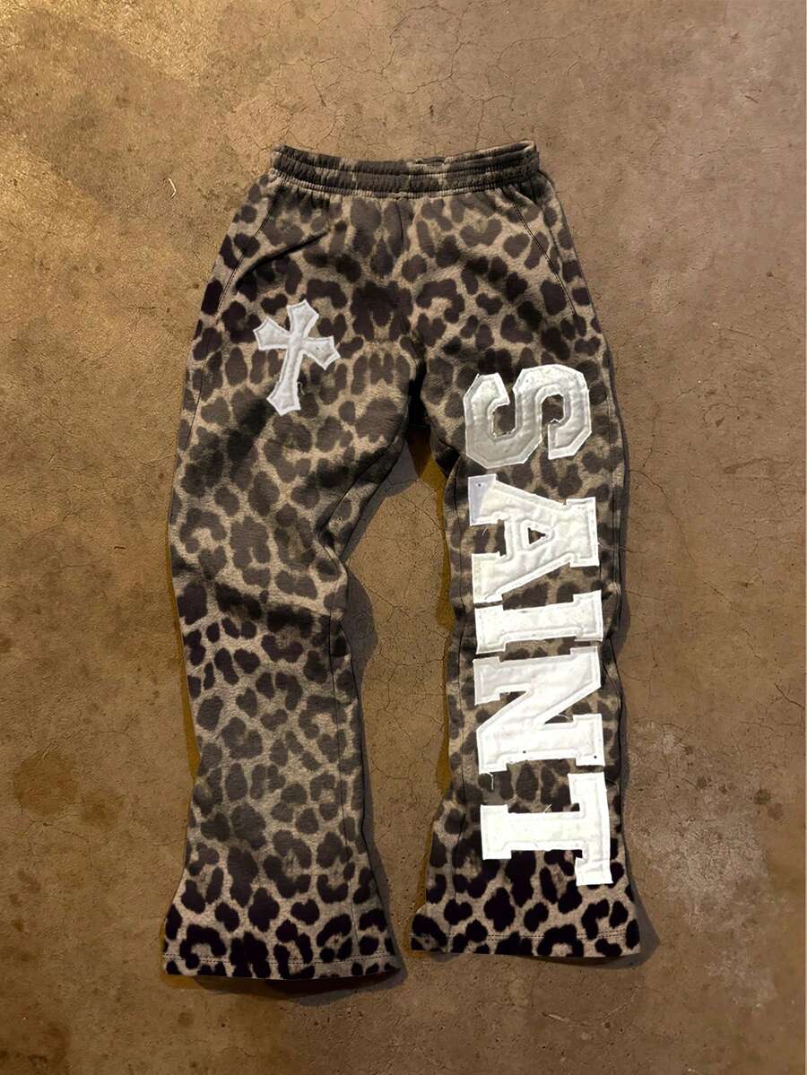 Glimmora Men's Casual Fashionable Street Leopard Print Cross & Letter Graphic Loose Sweatpants - White - View 1