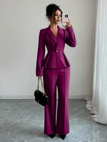 Elenzga Bộ vest thắt eo thanh lịch, quần ống loe thời trang đi làm, trang phục ngày lễ/hẹn hò, ngày độc lập, trang phục giáo viên nữ - Màu Hồng Tươi - Xem 6